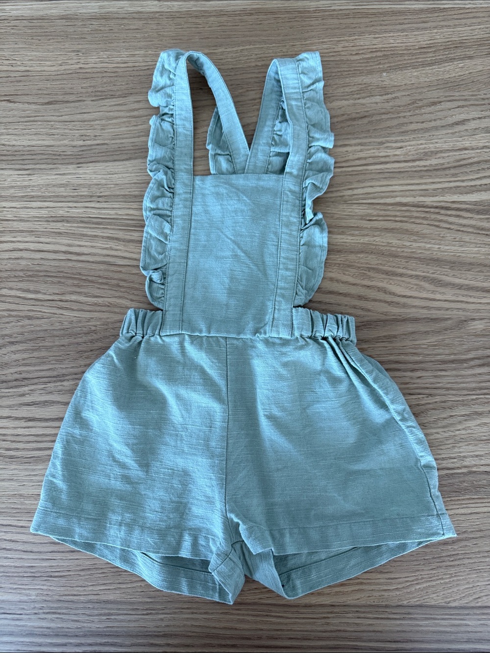 Lililotte- Ruffled Strap Short Overalls in Sage Green - linen